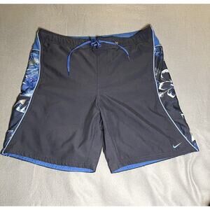 Nike Swim Shorts Mens Medium Blue Black Regular-Fit Flat Front 100% Polyester‎